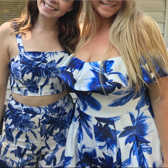 BLUE AND WHITE OFF SHOULDER ROMPER - Picture 2 of 4